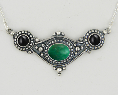 Sterling Silver Necklace With Green Turquoise And Black Onyx